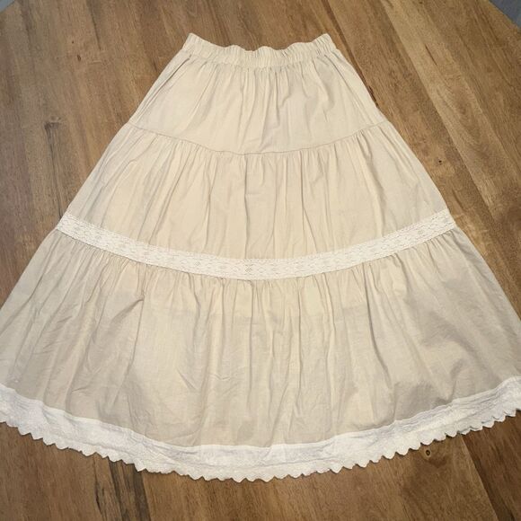 Boho Prairie Maxi Skirt XL Cream Tiered Lace Detail Cottagecore Boho Cotton - Picture 1 of 9